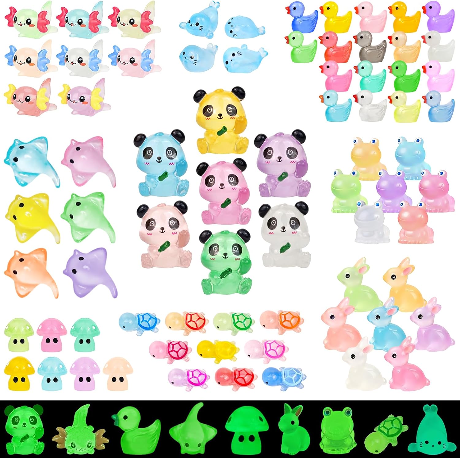 120 Pcs Luminous Mini Resin Animals Glow in The Dark Small Little Tiny Resin Figurines Ducks Axolotls Pandas Garden Miniature Figures for Crafts Micro Landscape Decoration Fairy Garden Accessories