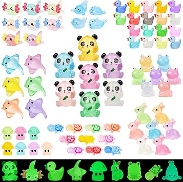 120 Pcs Luminous Mini Resin Animals Glow in The Dark Small Little Tiny Resin Figures Ducks Axolotls Garden Miniature Figurines for Crafts Micro Landscape Decoration Fairy Garden Accessories