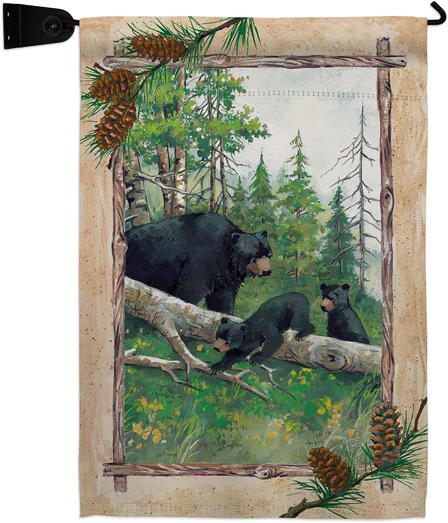 Black Bear Cubs Burlap Garden Flag Set Wall Holder Animals Wildlife Outdoor Deer Wolf Pet Nature Farm Animal Creature Small Decorative Gift Yard House Banner Double-Sided Made In USA 13 X 18.5