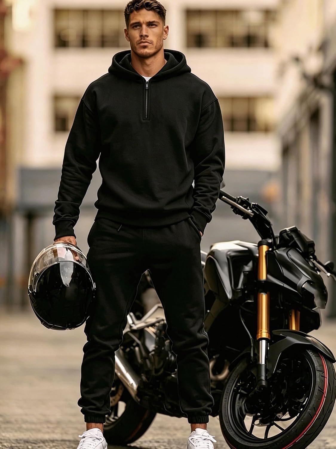 TUVEKE Men's Tracksuits Mens Quarter Zip Pullover And Joggers Pant Half Zip 2 Piece Outfits Casual Athletic Hooded Sweat Suit