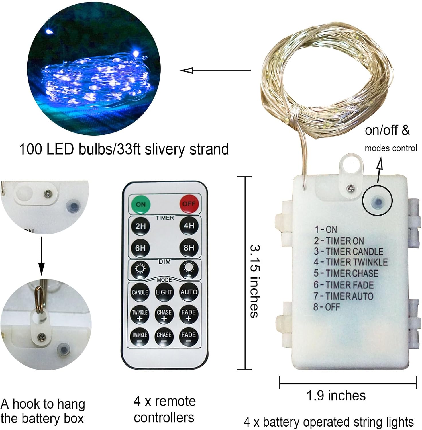 Fairy Lights Battery Operated 100 LED 33 ft Twinkle Starry Firefly LED String Lights with Timer 8 Modes Remote Waterproof for Christmas Party Bedroom Wedding 4 Pack (Blue) image 3