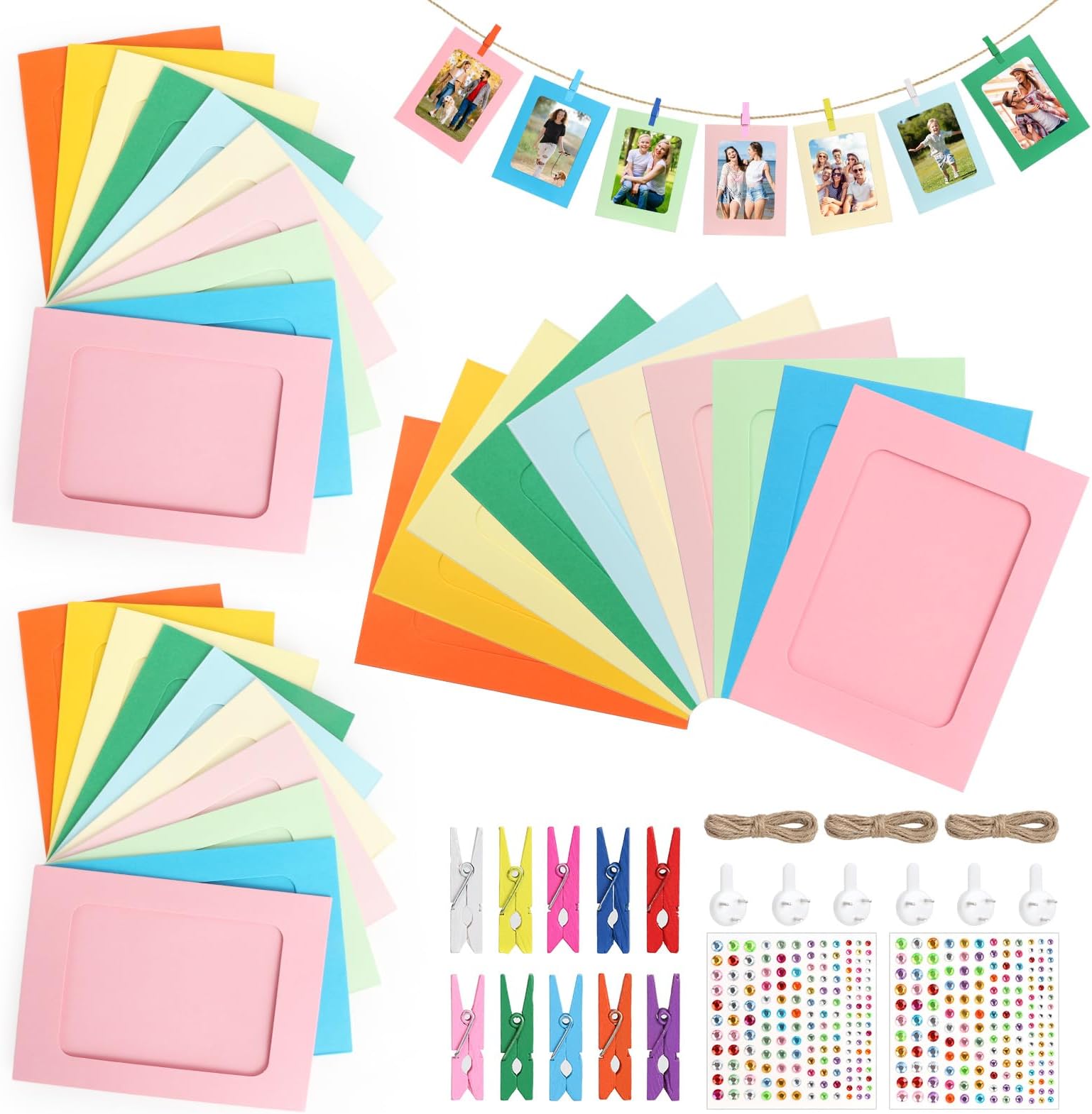 30 Pcs Hanging Paper Photo Frames – 4.4×6.1 Inch Coloured Card Picture Frames, Wooden Clips, Rope & Diamond Stickers for Wall Decor, Wedding, Home School Office Decoration