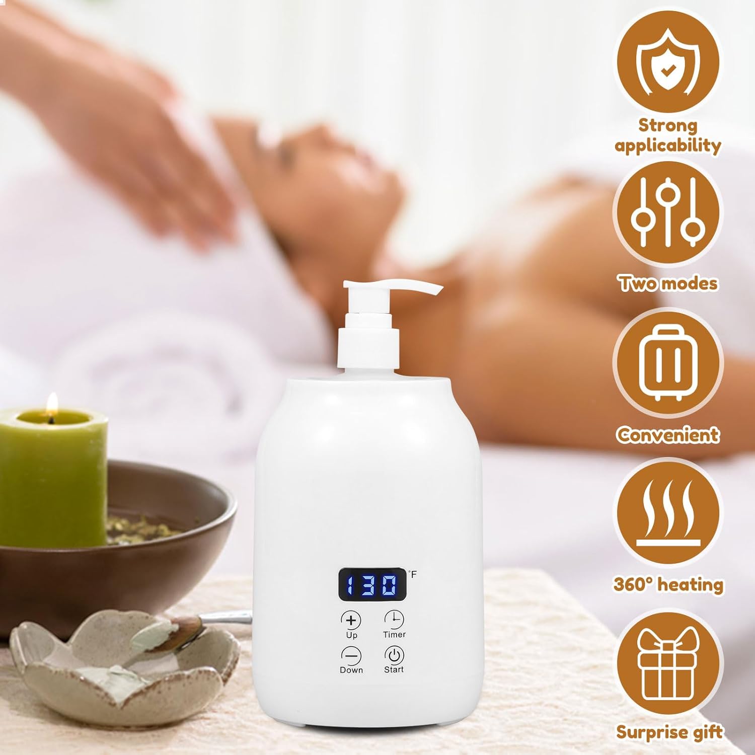 Massage Oil Warmer, Smart Touch Key Electric Lotion Heater with 2 Oil Bottle Dispenser, Temperature Adjustable Lotion Bottle Warmer, Bottle Cream Warmer for Home Spa (White, as Shown)