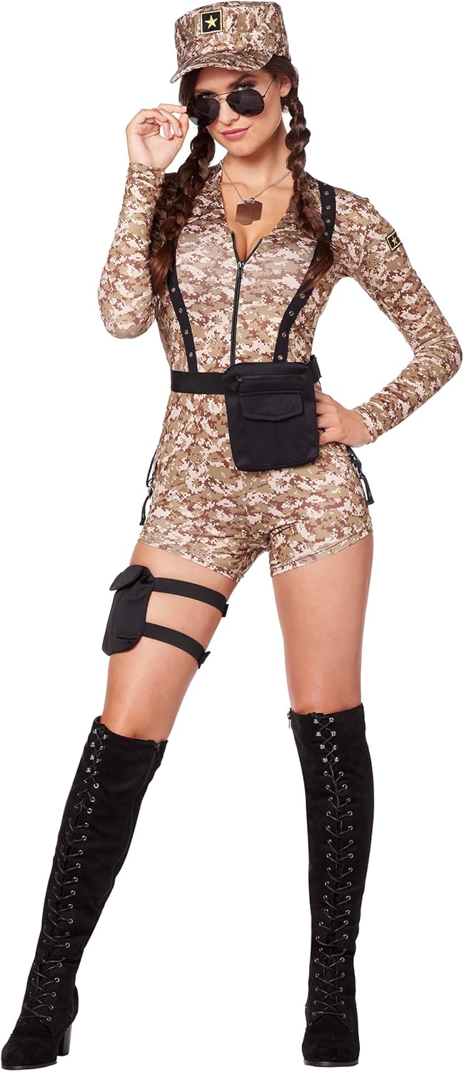 Spirit Halloween Adult Special Forces Babe Costume | Uniform Costume| Beige Camo Romper with Thigh Holster