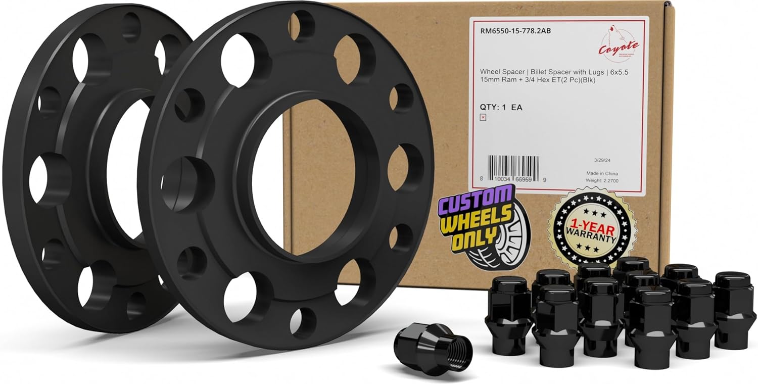 Wheel Accessories Parts 2 Hub Centric Billet Wheel Spacers 15mm Thick (6x5.50) 6x139.7mm 77.80 Hub Includes 12 Pcs M14x1.5 Black ET Lug Nuts Fits Jeep Grand Wagoneer Nissan Titan XD RAM 1500