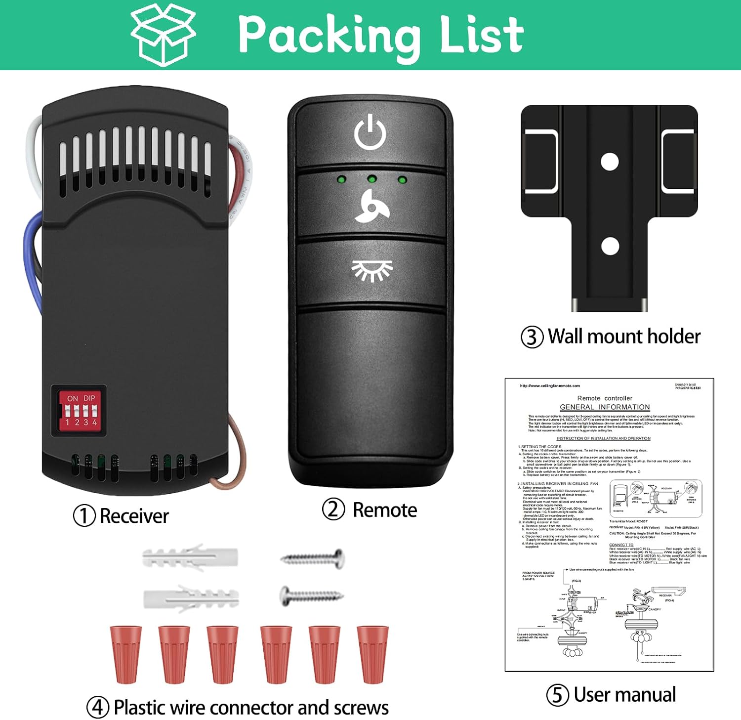 Universal Ceiling Fan Remote Control Kit for Hampton Bay Harbor Breeze | Compatible with Other 3 Speed Ceiling Fan, Light Dimmer with RC-73R Receiver for TX028C-S, TX028C-L, KUJCE10318, 2AAZPHD3/HD3