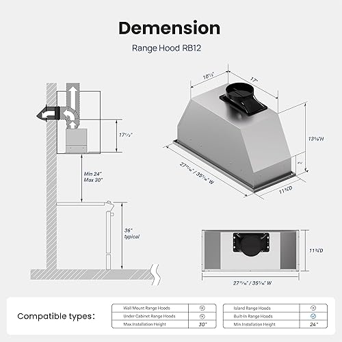Miniatura 8 de Campana extractora de 30 pulgadas, 980 CFM, campana de ventilación de cocina integrada, convertible con conductossin conductos, campana extractora