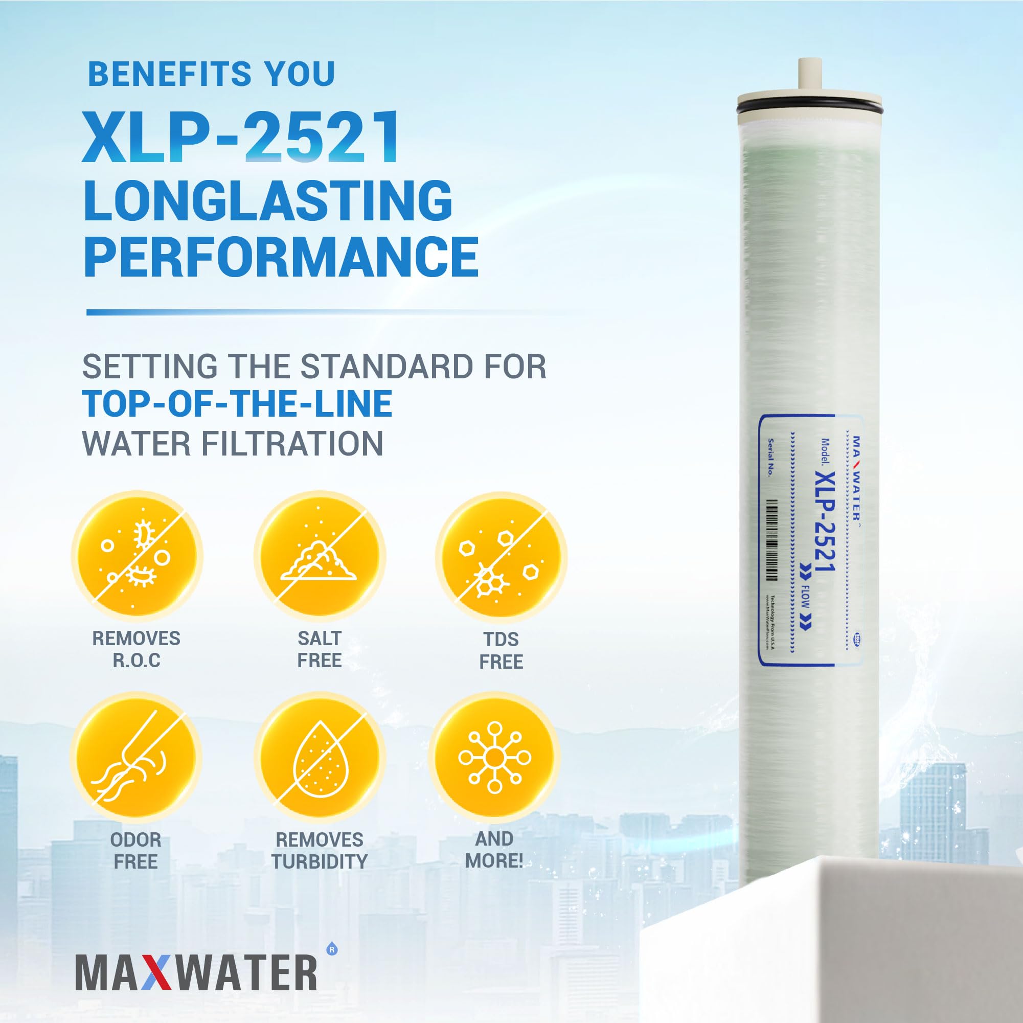 Max Water Elemento de membrana RO de presión ultra baja y presión extrema 2521-XLP-2521: tamaño 300GPD, 2.5 x 21 pulgadas, bueno para industria, agrícola, toda la casa y más