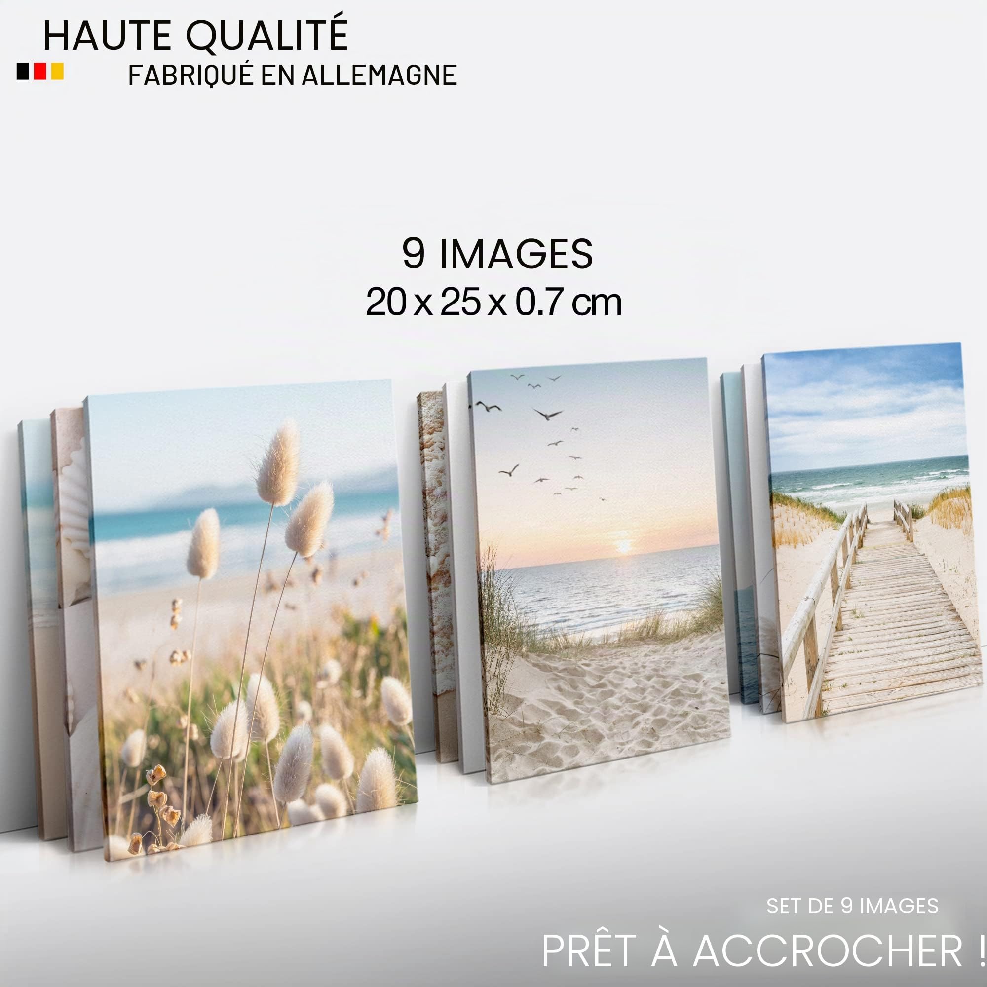 Novart- Tableau Décoration Murale- Plage et mer- To be relax- Decoration Chambre Salon- Prêt à être Accroché- 9 Cadres de 20x25 cm- Beige- N026091a