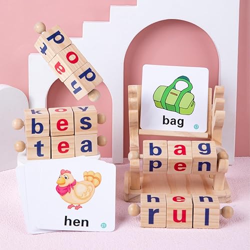 Miniatura 7 de Bloques de lectura de madera, juguetes Montessori para girar, vocal corta, juguete giratorio de letras a juego para niños, juguete de ortografía de
