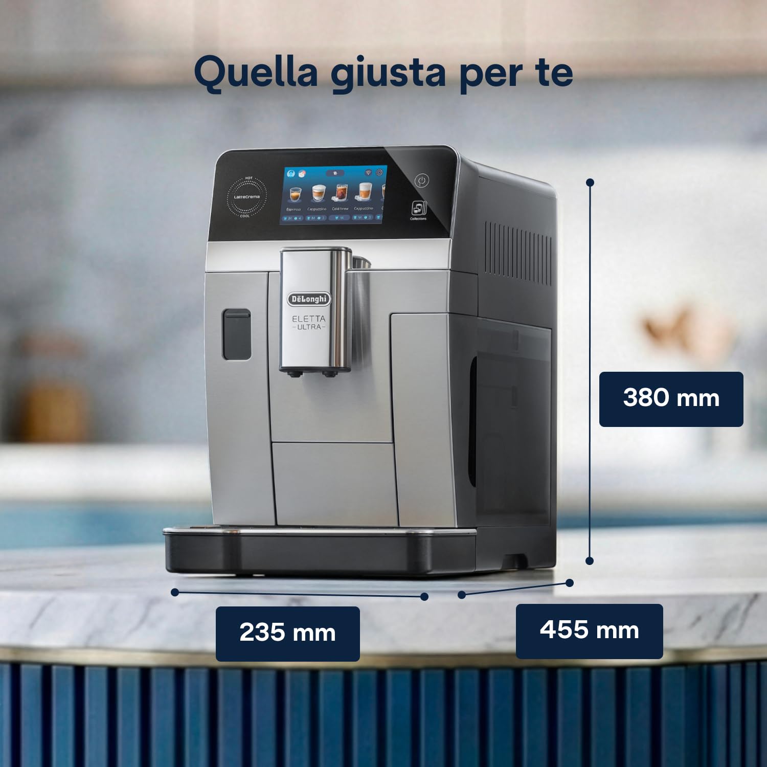 De’Longhi Eletta Ultra – Perfetto Macchina da Caffè Automatica, LatteCrema Montalatte Automatico, 50+ Bevande Calde e Fredde, Silent Technology, Display Touch a Colori, Metallo (ECAM472.85.MB)