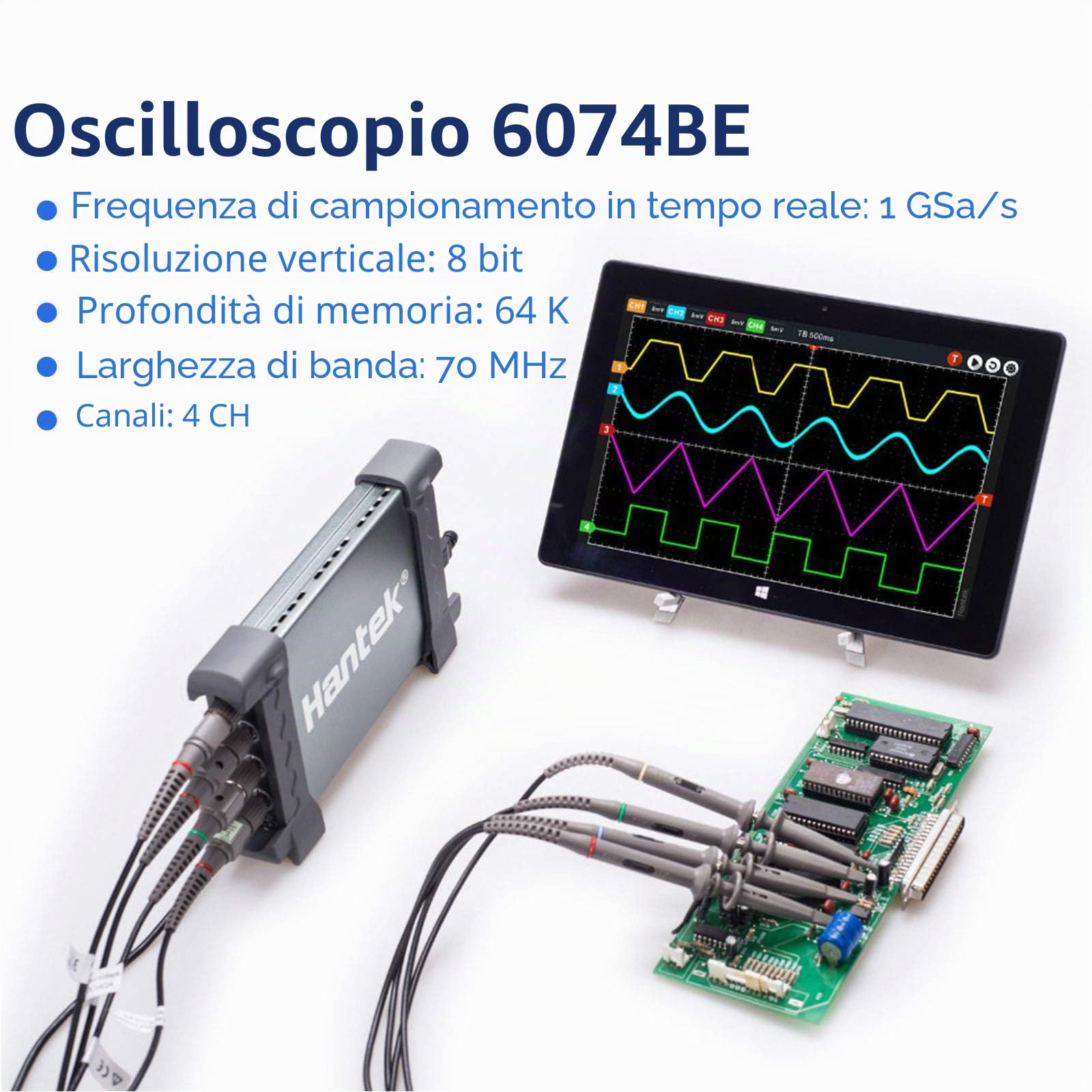 Hantek 6074be - Oscilloscopio diagnostico USB compatibile con PC, a 4 canali, 70 MHz, per settore automobilistico