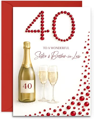 Sister & Brother-in-Law 40th Anniversary Card - Ruby Wedding Anniversary Card for Sister and Brother in Law - A5 Size Card with Red Envelope, Made in UK