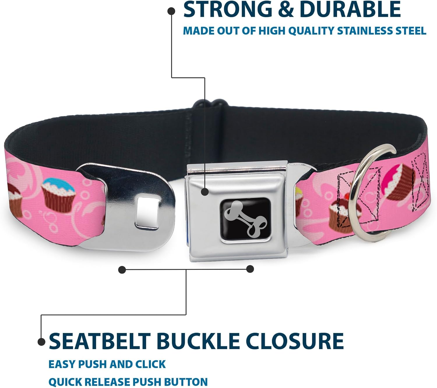 Buckle-Down Seatbelt Buckle Dog Collar - Cupcake Swirls Pink/Multi Color - 1" Wide - Fits 15-26" Neck - Large