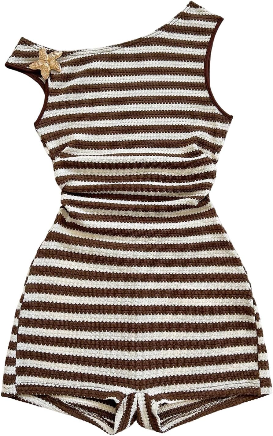 Verdusa Women's Striped One Piece Romper Off Shoulder Short Jumpsuits Summer Casual Outfits