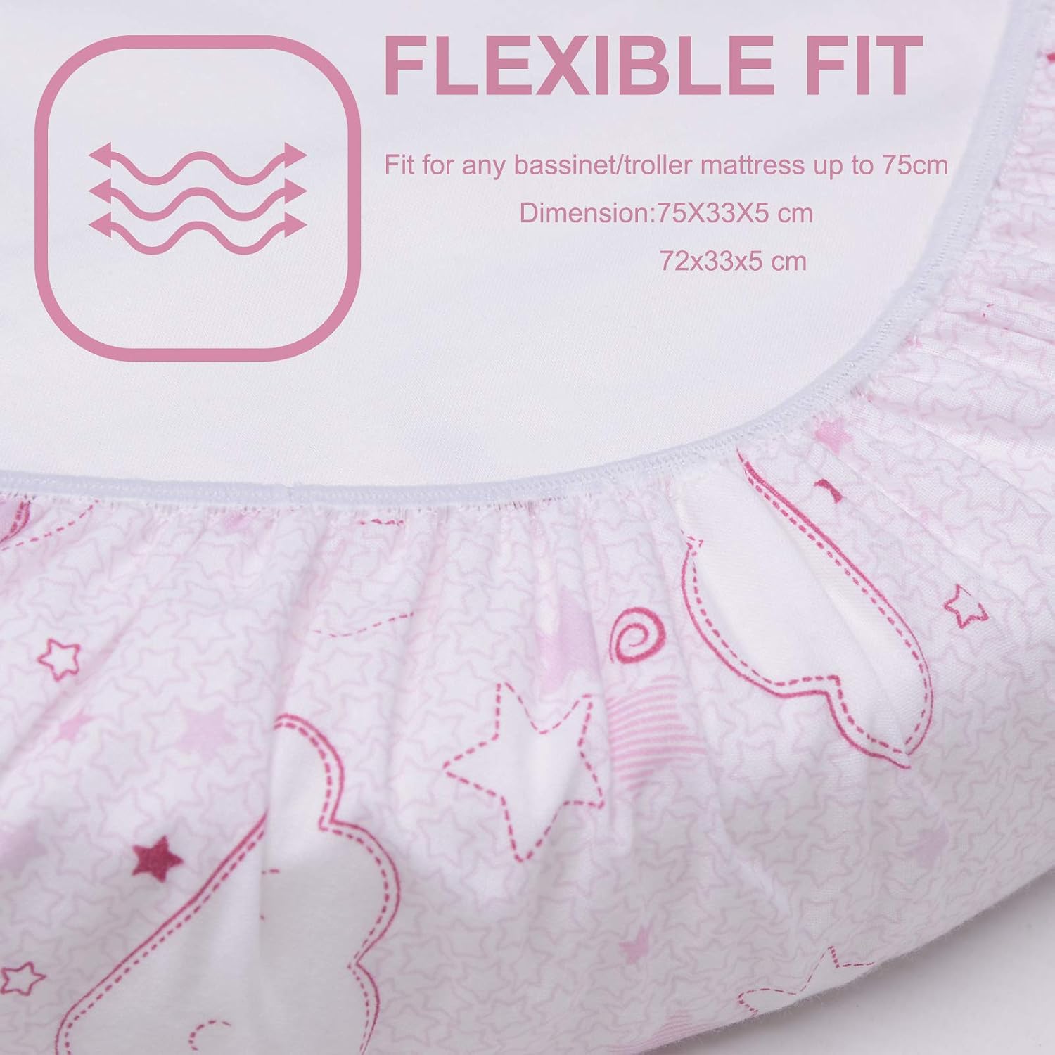 PEKITAS Pack of 2 Adjustable Fitted Sheets 75 x 33 cm 72 x 33 cm Trolley Made in Spain, Pack 2 Pcs: Pink + Grey - Image 5