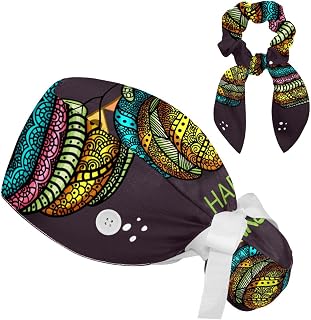 FVQL 2 Pieces Surgical Cap for Long Hair Scrub Cap with Hairband Nurse Cap, Happy Thanksgiving Colorful Pattern Pumpkin