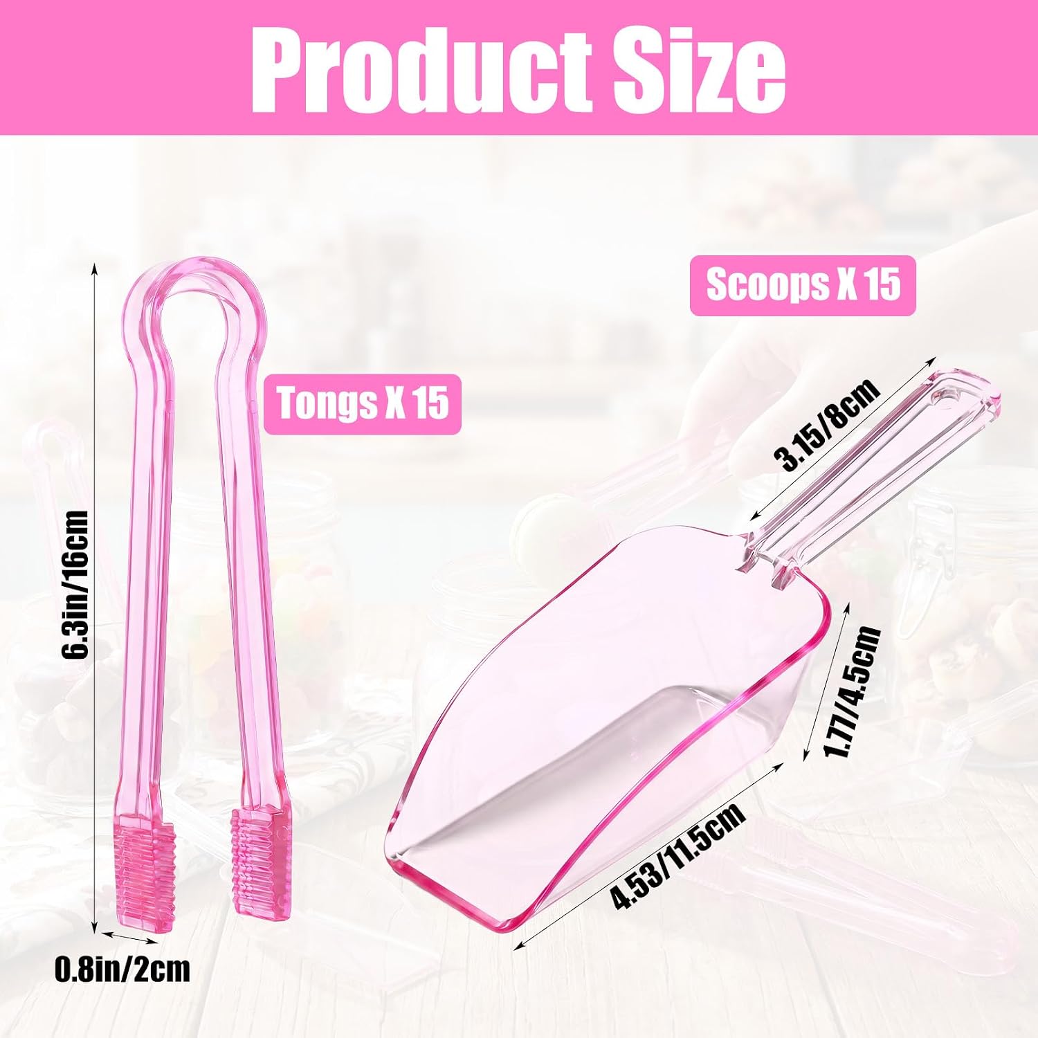 30 Pcs Plastic Tongs and Scoops Set, Clear Pink Mini Serving Tongs for Ice, Candy, Dessert, Buffet, Salad, Snack, Coffee, with Large Pink Ice Scoops for Kitchen, Party, Restaurant Use