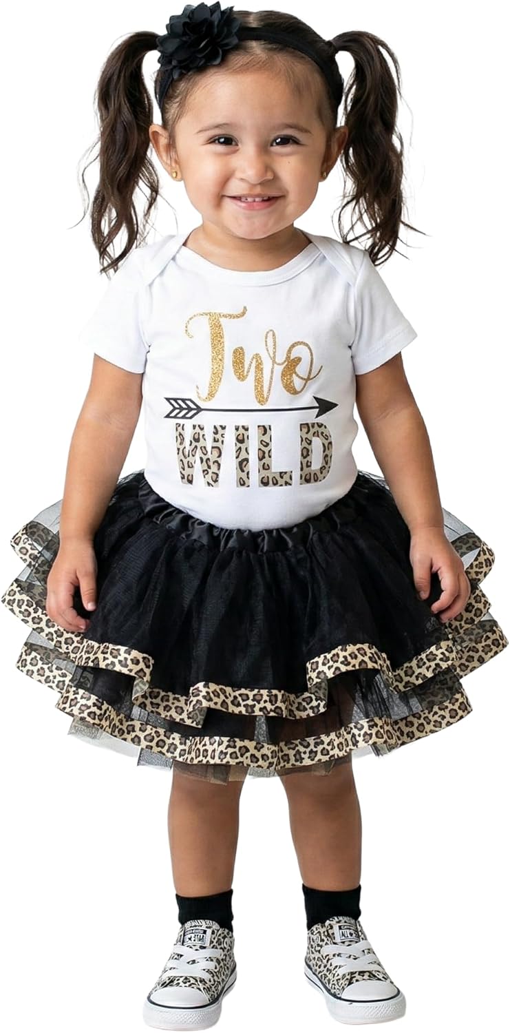 Luke and Lulu Two Wild 2nd Birthday Outfit for Girls – White Shirt with Black and Gold Skirt Dress – Cute Shirts for Toddlers