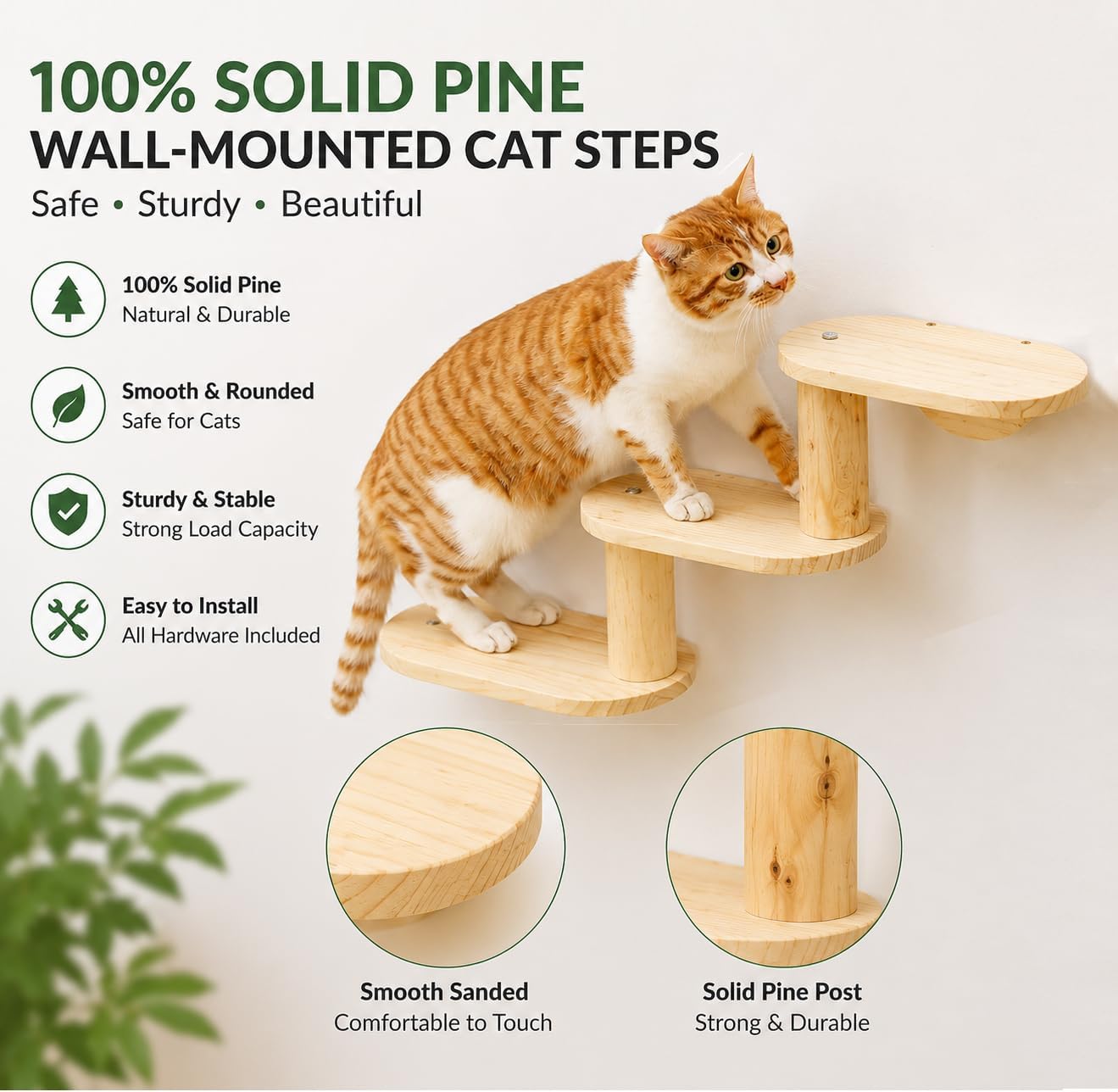 Wall-Mounted Cat Steps, Solid Wood 3-Levels Climbing Stairs, Space-Saving Vertical Cat Wall Furniture for Active Kitties(3-Levels)