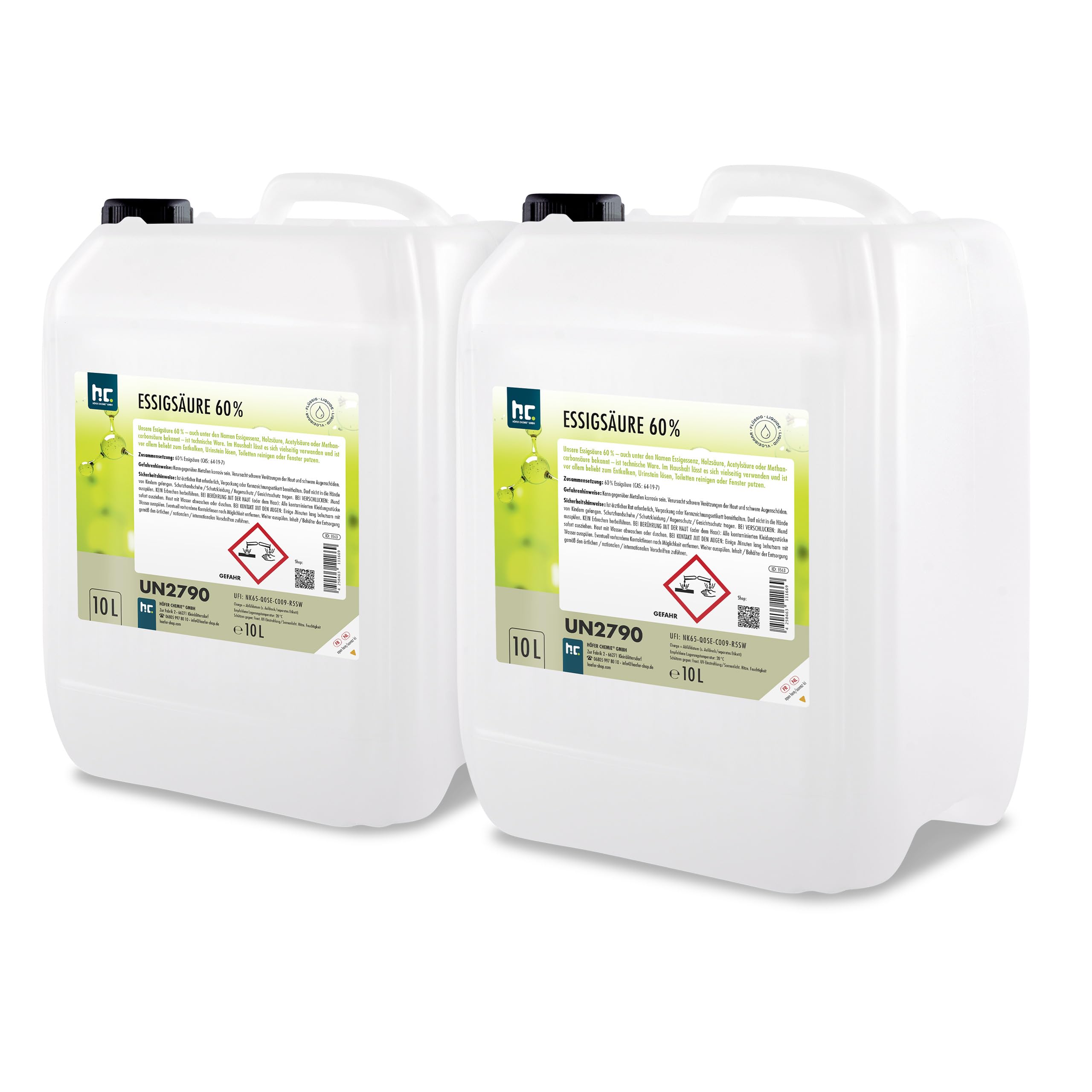 Höfer Chemie 2 x 10 L Essigsäure 60% - optimaler Reiniger und Entkalker - Premium Qualität Made in Germany - frisch abgefüllt im handlichen Kanister