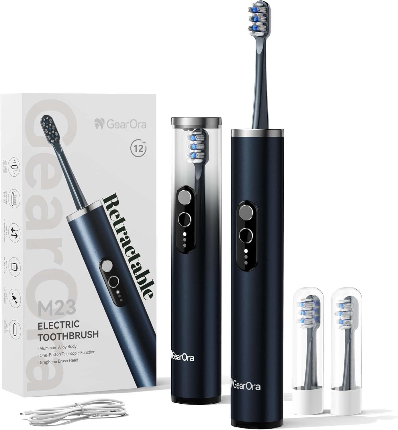 M23 Travel Electric Toothbrush for Adults, Retractable Portable Sonic Toothbrush, Aluminum Body, 30-Day Battery, Universal USB-C Charging, IPX7 Waterproof, Compact Travel Size Toothbrush