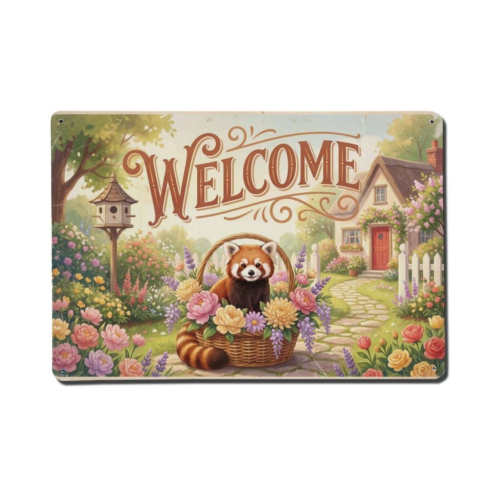 Vintage Welcome Red Panda Happy Home Metal Tin Sign