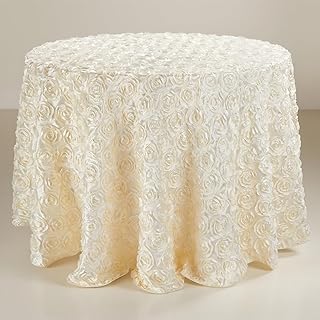 QueenDream Floral Round Tablecloth 60 Inch Ivory Rosette Wedding Tablecloth for Sweetheart Table Birthday Party Cake Table Decoration