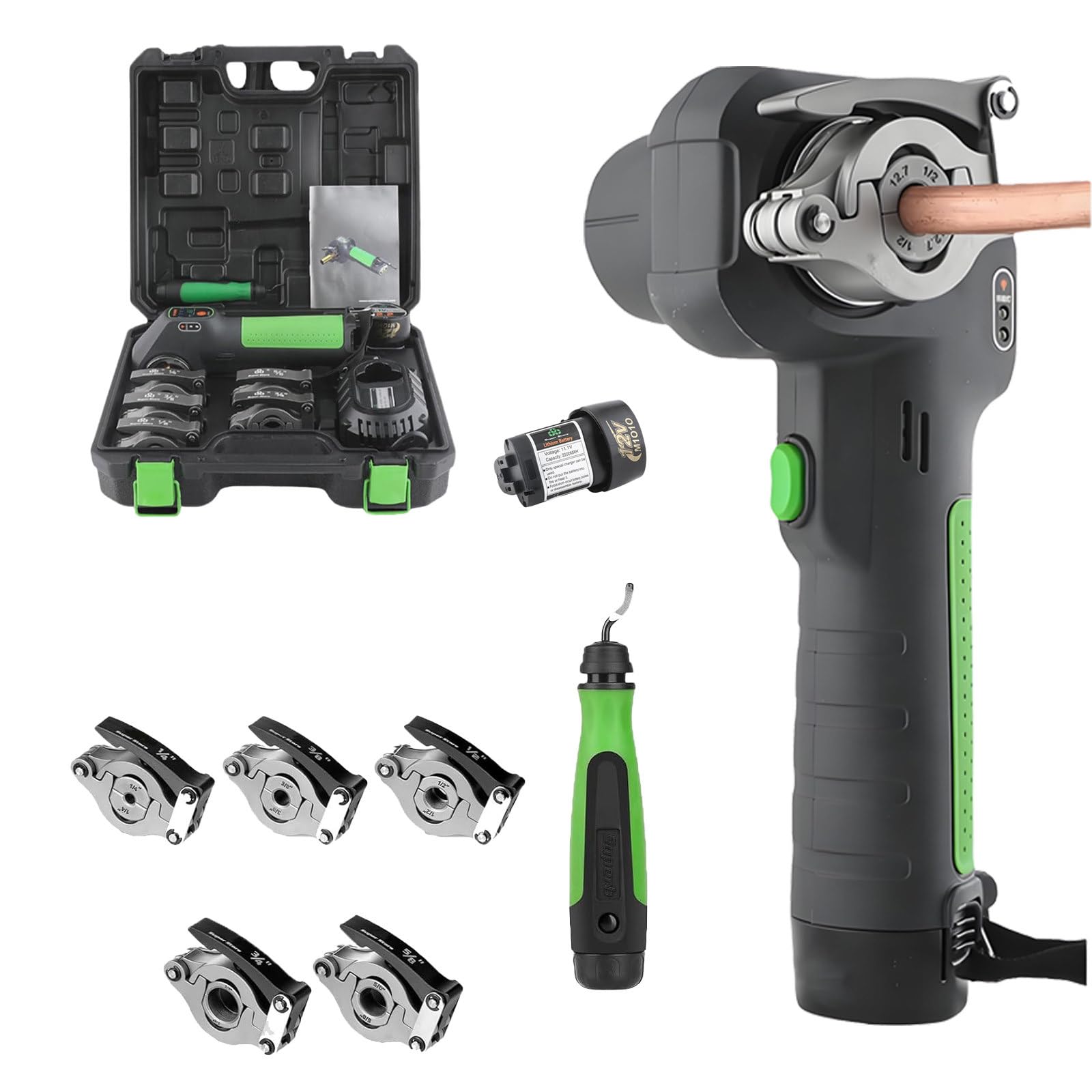 DzkZen Cordless Electric Flaring Tool Kit, 1/4" - 3/4" Copper Pipe Flare Tool, HVAC 45 Degree Eccentric Flaring Tool, with 5 Flare Clamps 2batteries