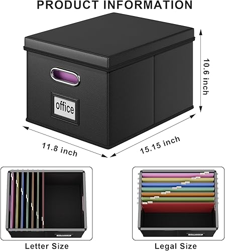 Miniatura 4 de Huolewa Cajas organizadoras de archivos de cuero portátiles con tapas, cajas de almacenamiento plegables de lino con tobogán de plástico, cajas