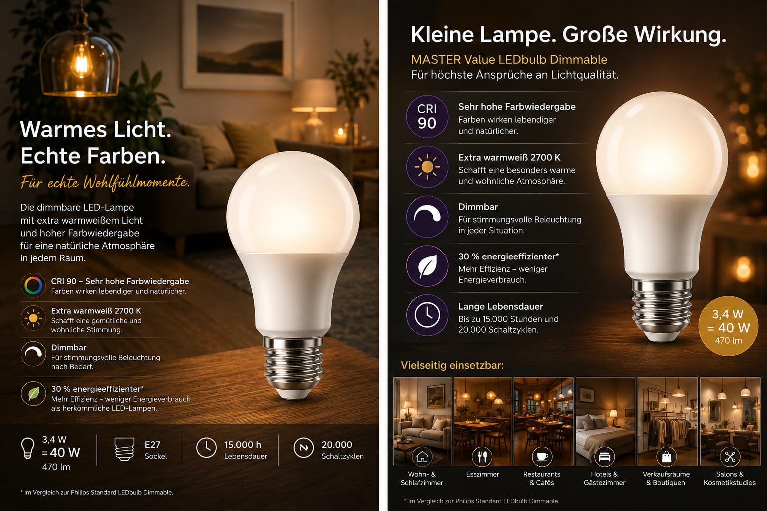 Philips LED-Lampe, warmweißes Licht, 1 Stück, 3,4 W, A60, E27, 40-W-Ersatz, 220-240 V