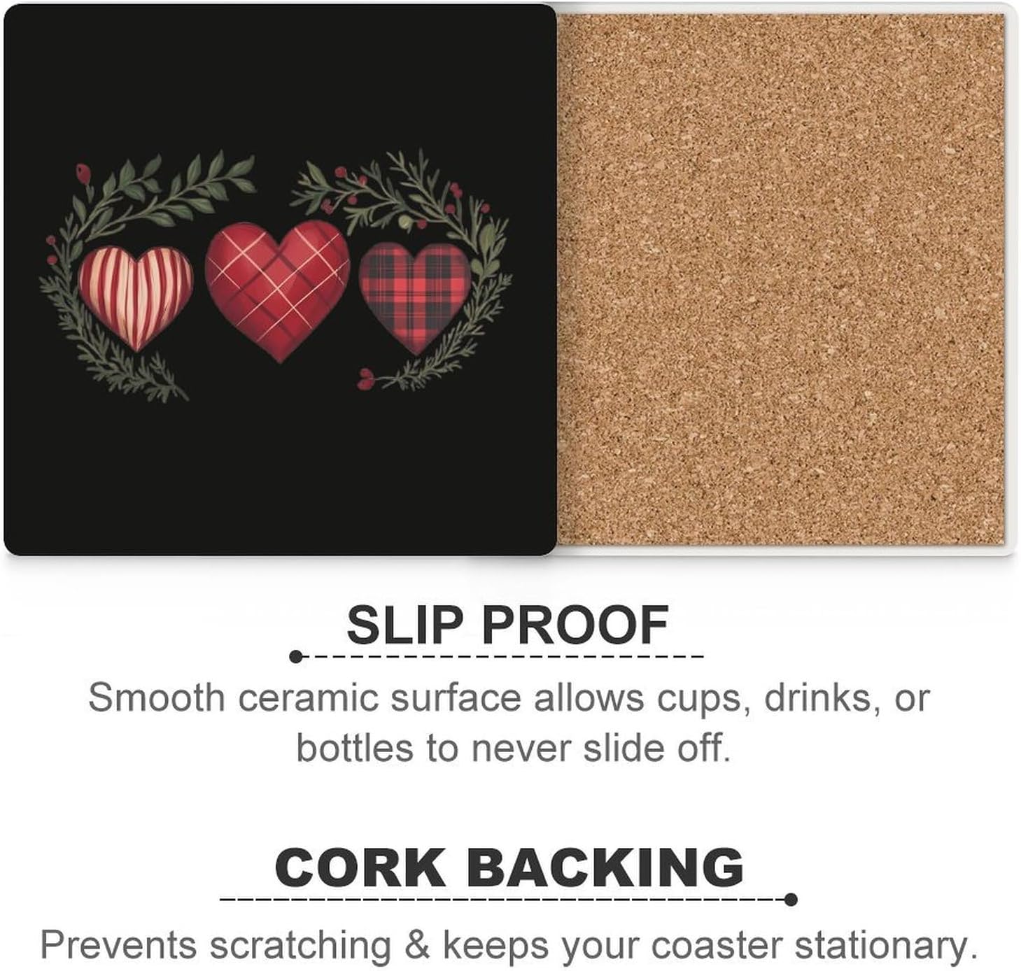 Buffalo Plaid Hearts Valentine's Day Funny Ceramic Coasters for Drinks Absorbent Cup Holder Tabletop Protector with Cork Base