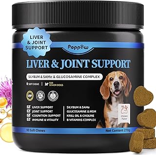 Liver Health Supplement for Senior Dogs - Joint Health Support with Silybum Marianum, SAMe, Krill Oil, Glucosamine, B Vitamins Complex, MSM, Choline for Old Dogs, Chicken Flavor - 90 Soft Chews