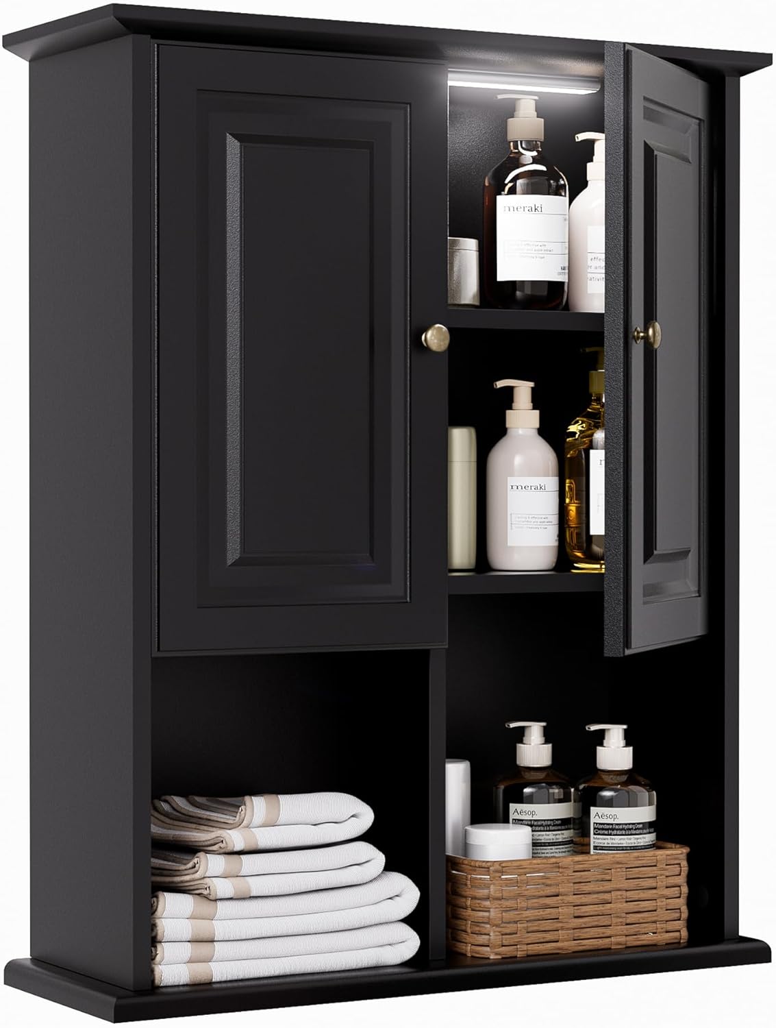 HAIOOU Bathroom Wall Cabinet with Motion Sensor LED Light, Wooden Medicine Cabinet Wall Mounted Cupboard, Over Toilet Storage Cabinet with Buffering Hinges and Adjustable Shelf - Black Black 23.6" W x 8.2" D x 29.5" H