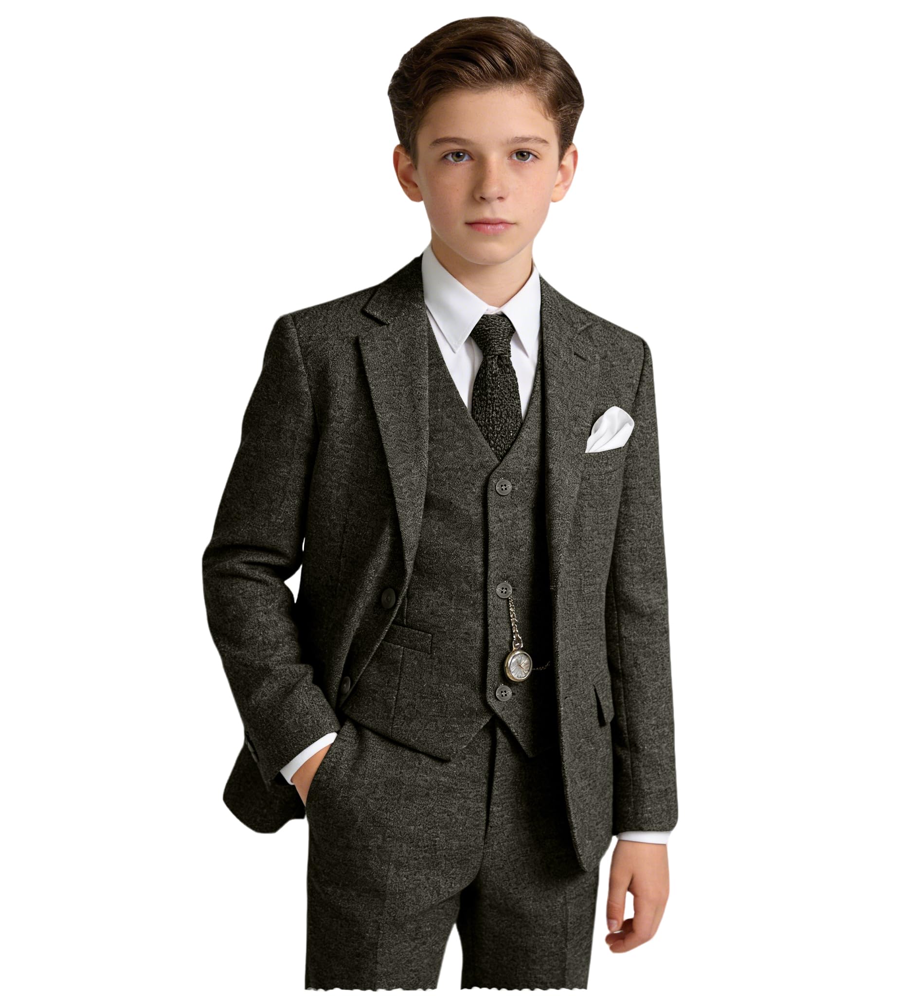 Photo 1 of Boys Suits Tweed Green Herringbone Kids Suit for Boy 6pcs Slim Fit Tuxedo Formal Jacket Blazer Vest Pants Set with Tie 7