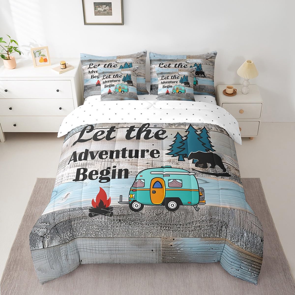 Erosebridal Rustic Camping Comforter Set for Travel Trailers Full Size 7 Piece Farmhouse Camper Bedding Set with Sheet Set,Rv Adventure Bed in A Bag