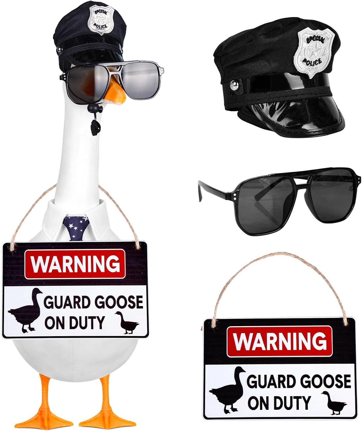 4Pcs Police Porch Goose Outfits 23” Lawn Goose Sign Clothes Police Hat Eyeglasses Tie Wooden Warning Sign for Yard Patio Decor