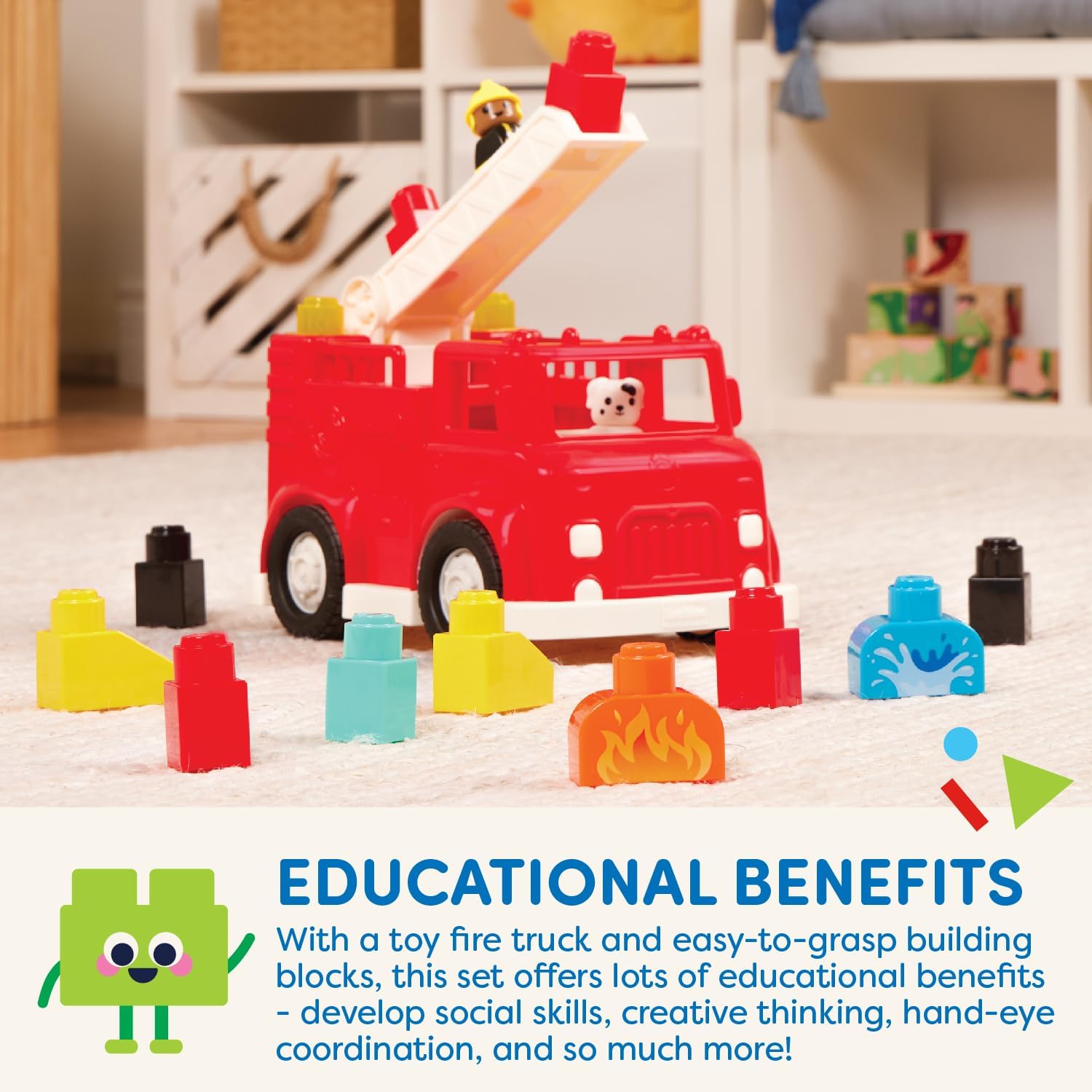 Battat – Locbloc – Toy Fire Truck – 17 Pieces Construction Set – Working Ladder – Building Blocks & Characters – 12+ Months