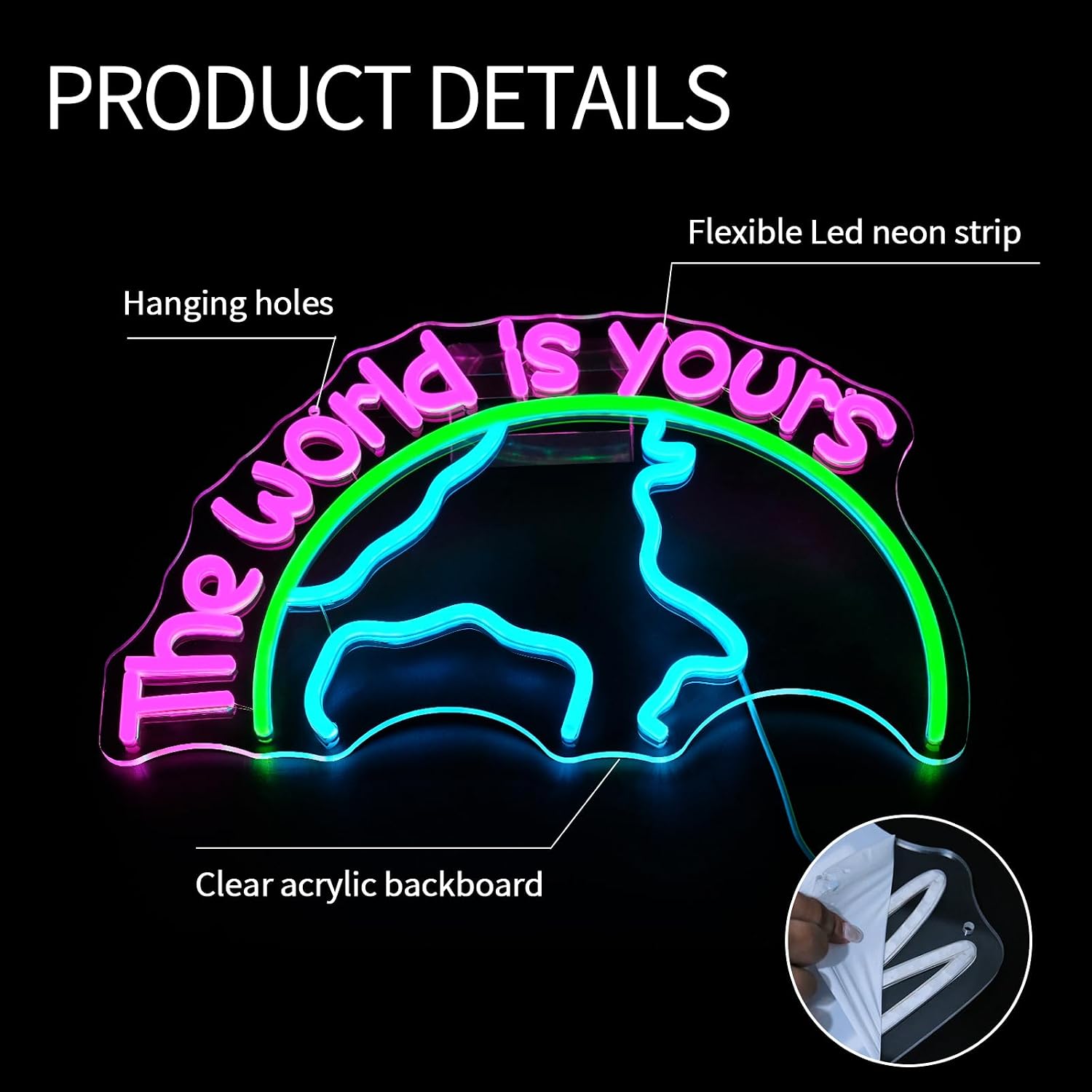 The World is Yours Neon Sign for Wall Decor Dimmable Earth Led Lights Signs Letters Neon Light for Room Decor Office Game Room Man Cave kKids Bedroom Graduation Party Decor Birthday Gift