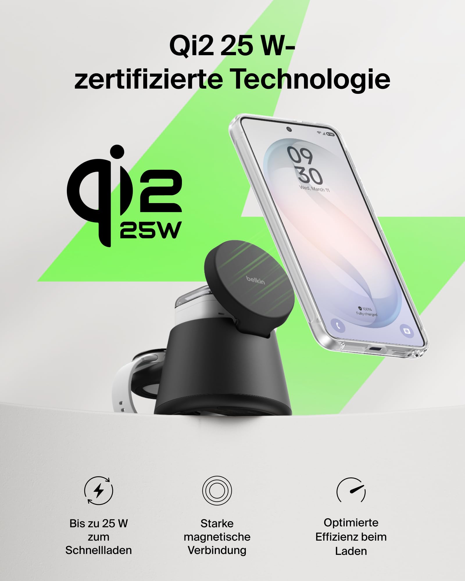 Belkin UltraCharge 3-in-1 Induktive Ladestation mit Qi2, 25W – Schwarz | Qi2.2-zertifiziert, Kabelloses Ladegerät mit USB-C-Port, Wireless Charger für iPhone, Galaxy, Kopfhörer; mit 45W Netzteil