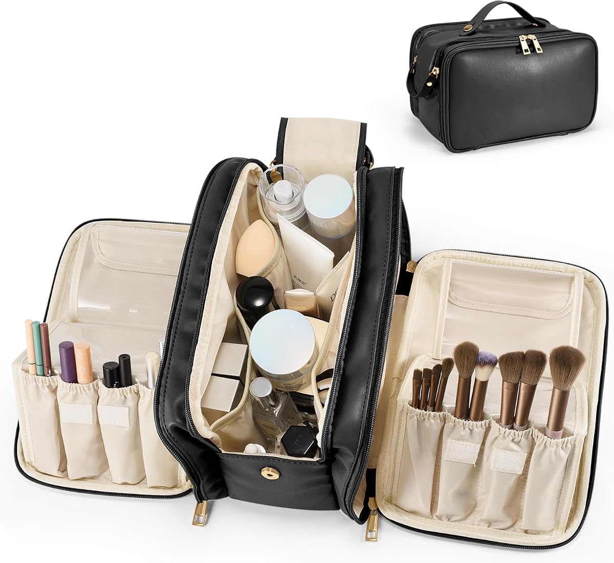Neceser de viaje para mujer, organizador portátil de cosméticos de gran capacidad, gran apertura, impermeable, bolsas de aseo, soporte vertical para cepillos independiente para fácil acceso, color negro