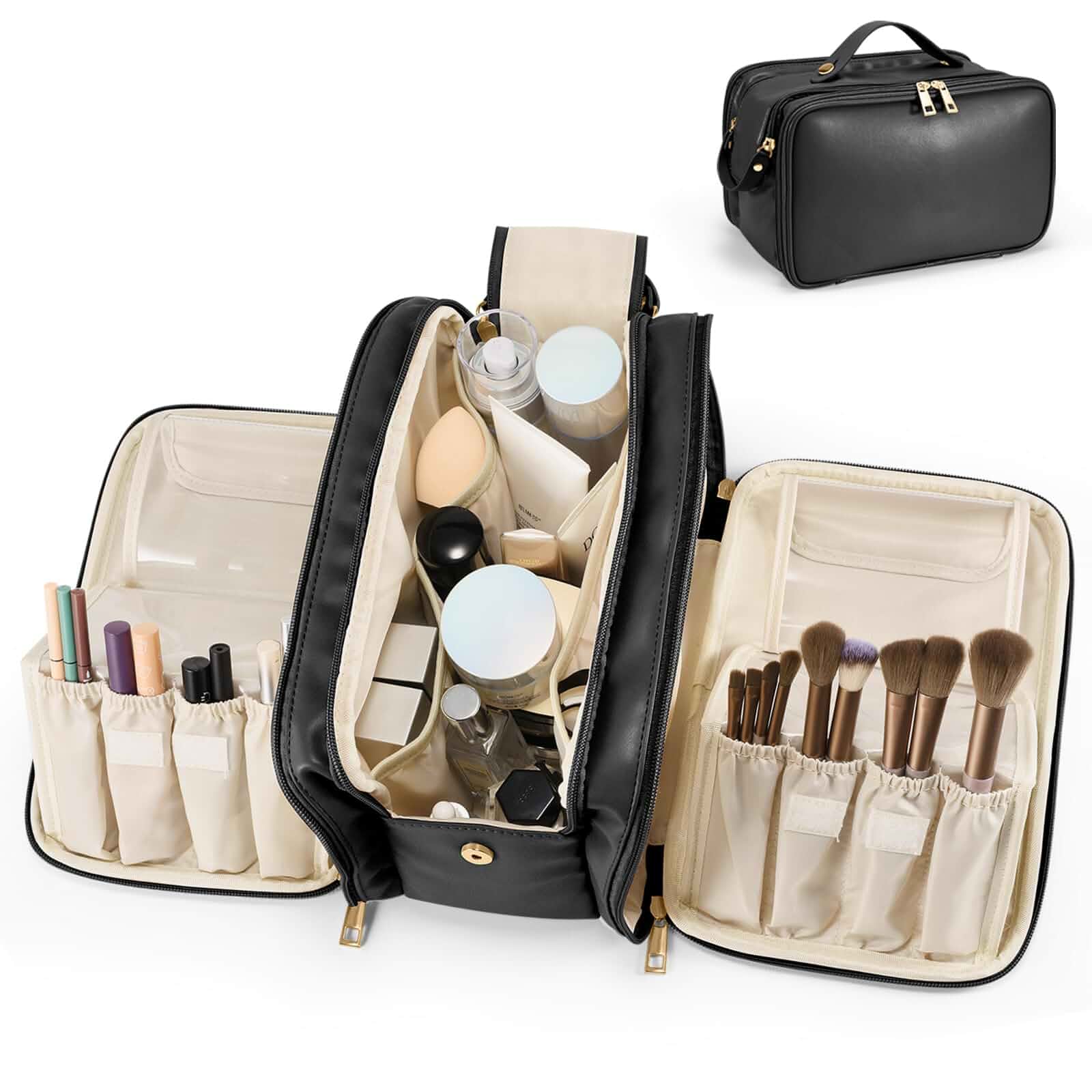 HauteHues Travel Makeup Bag Women's Large Capacity Cosmetic Organize BlackUpright Brush Holder Large Opening Open Flat Portable Waterproof PU Toiletry Case Free Standing Easy Access Vertical Storage