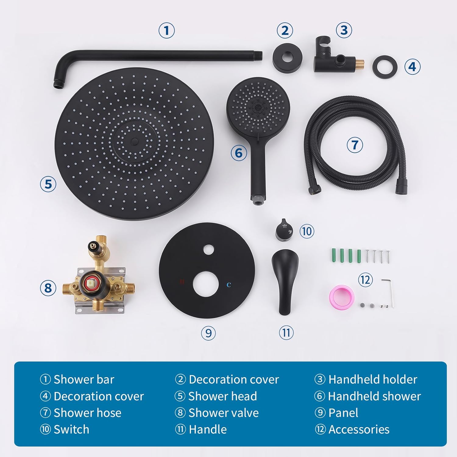 12 Inch Rain Shower Head with Handheld Spray, 2-Function High Pressure Shower System, Wall Mounted Rainfall Shower Head with 3 Modes Handheld Shower, Brass Rough-in Valve Included, Matte Black