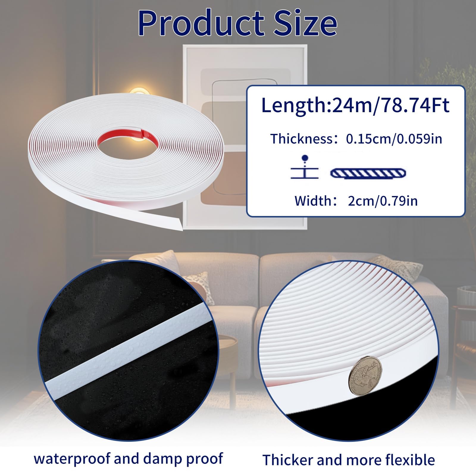 24M Moulure Adhesive Blanc Mat Baguette de Finition PVC Moulure Flexible Convient à Cadres de Miroirs, Fenêtres, Encadrement Porte, Sols, Armoires, Bords de Carreaux(Lg:2cm, E:1.5mm)