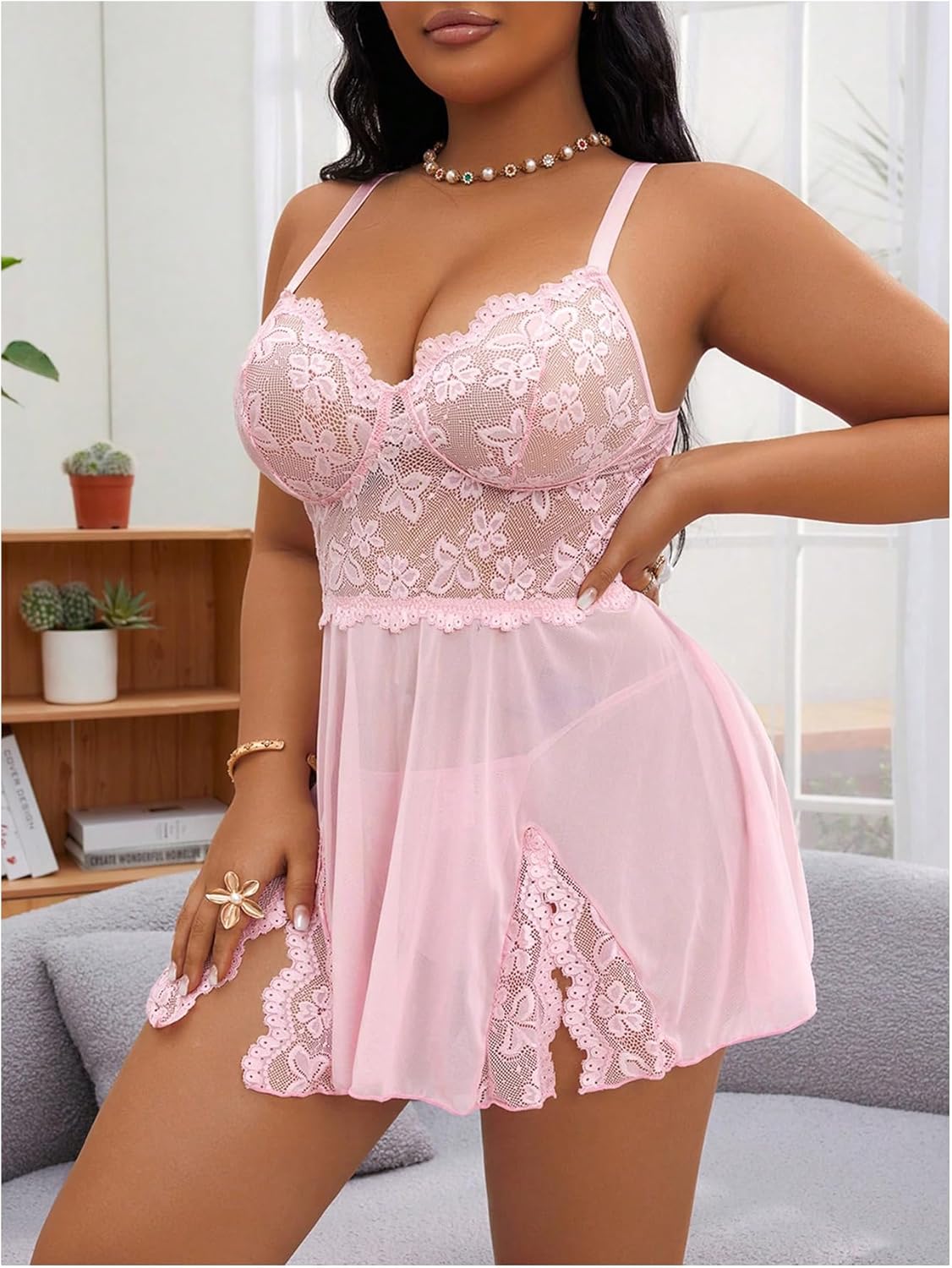 WDIRARA Women's Plus Size Floral Lace Lingerie Set Mesh Babydoll Chemise with Thong 2 Piece Lingerie - Image 3