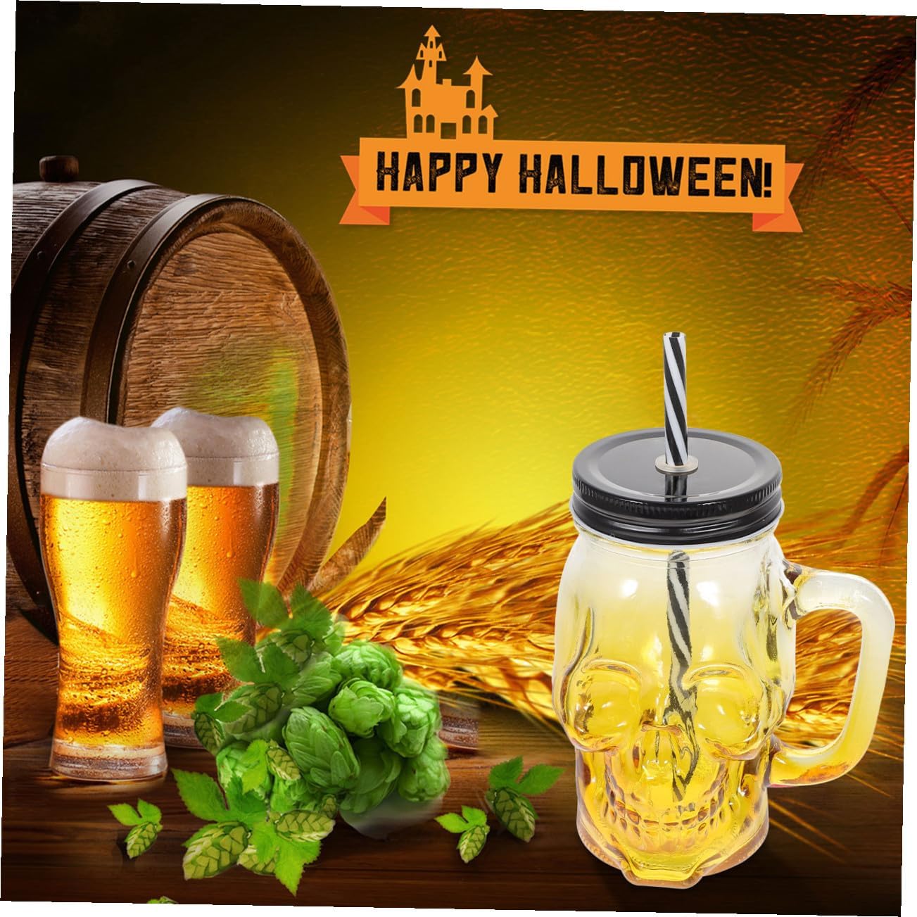ARTIBETTER 2pcs Halloween Skull Glass Cups with Handle 500ml Gradient Yellow Glassware Party Beer Wine Drinkware Set with Lid and Straw for Halloween Party Random Color