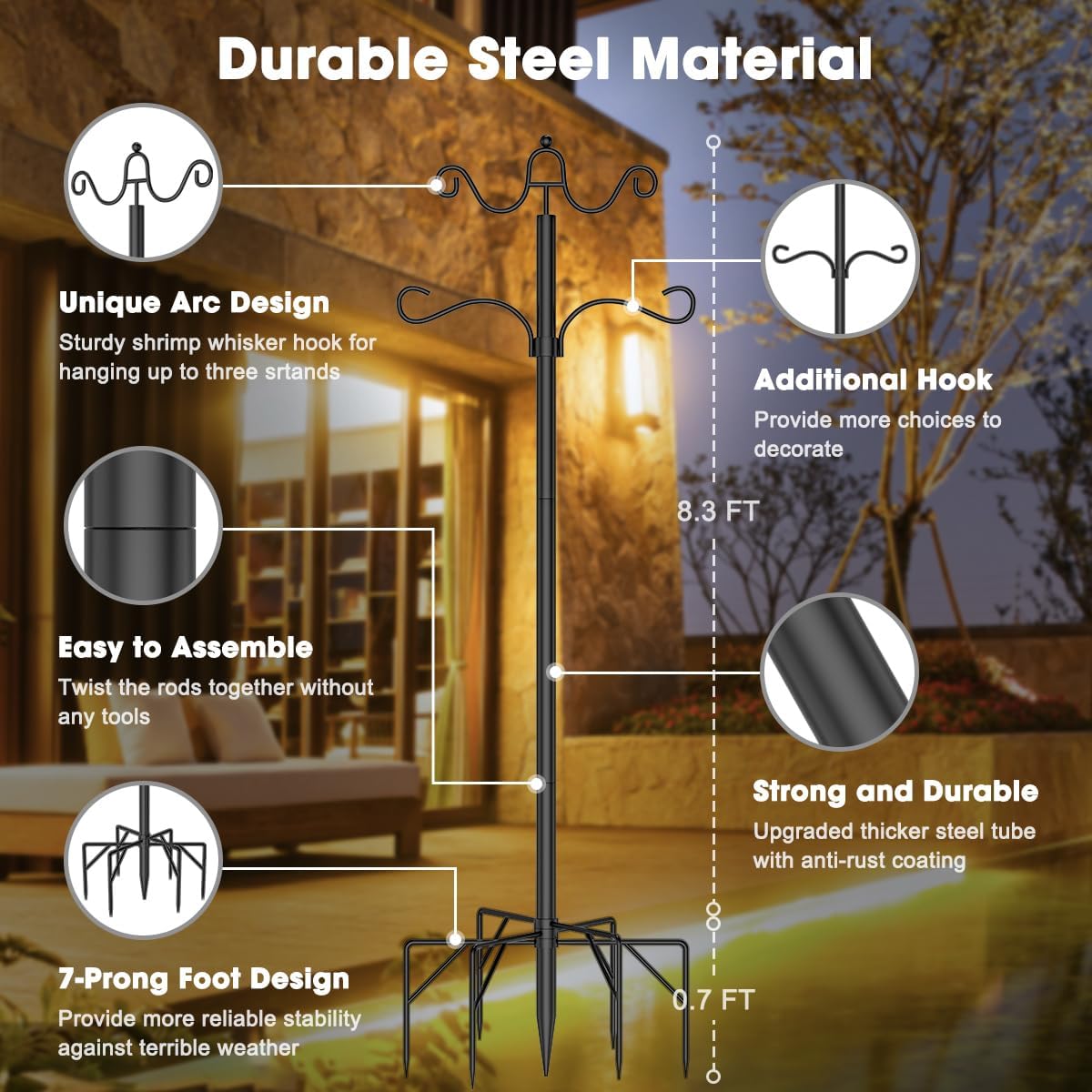 Arrinew String Light Poles 9 FT Metal Poles with Hook for Outside String Lights - Outdoor Patio Light Poles Lighting Stand for Deck, Backyard, Balcony, Hanging Basket, Lantern, Bird Feeder 4Pack