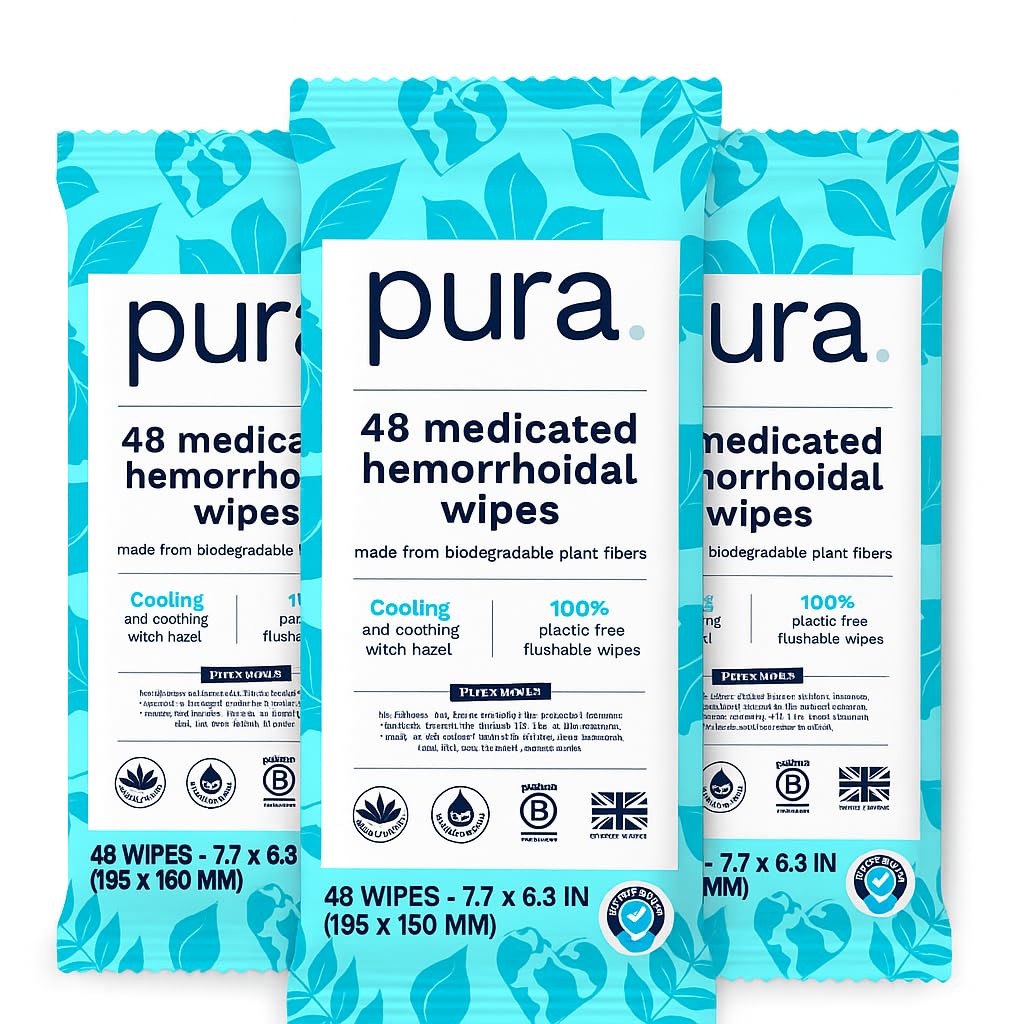Pura XL Flushable Hemorrhoid Wipes Bundle, Medicated with Witch Hazel, Aloe & Coconut Oil, Fragrance-Free, Cooling & Soothing Relief, Extra-Large, 100% Plastic-Free, 3 Packs (144 Wipes)