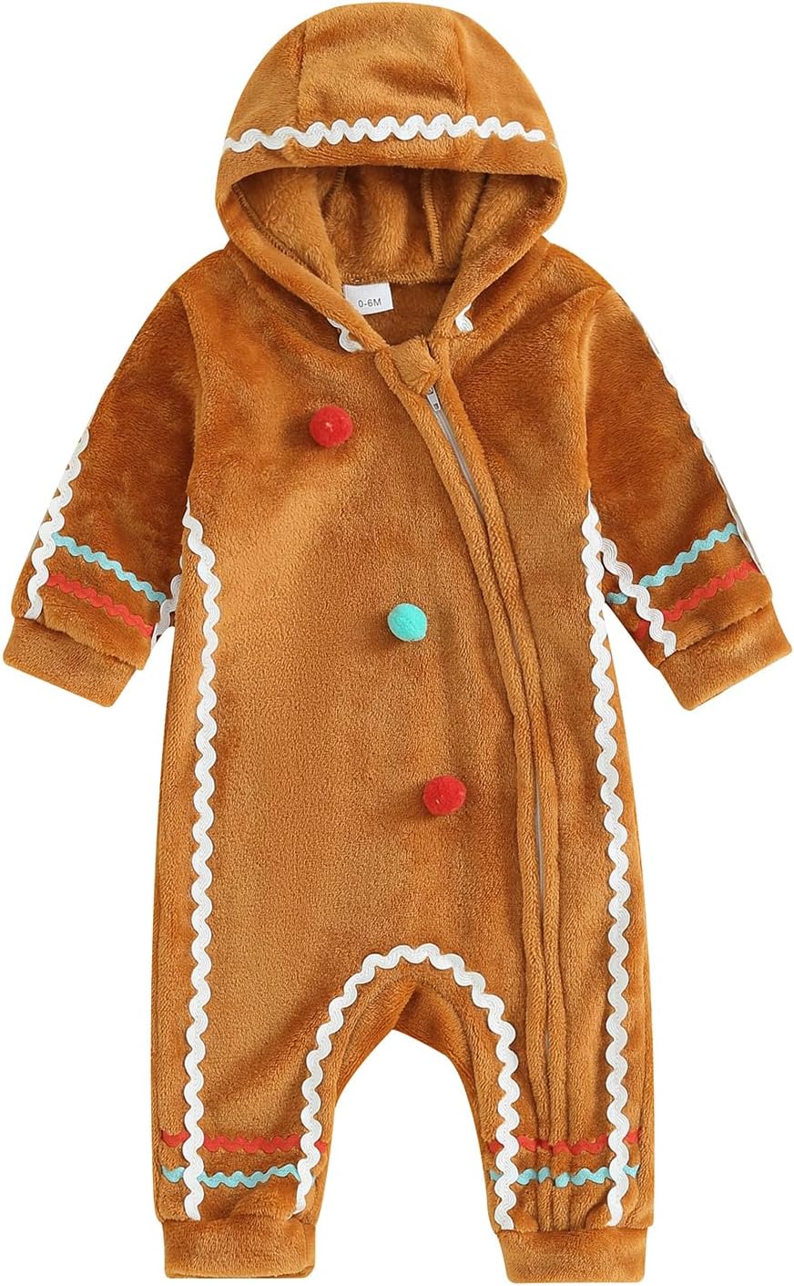 Baby Boys Girls Christmas Outfit Gingerbread Cosplay Costume Fuzzy One-piece Long Sleeve Hooded Romper Xmas Clothes