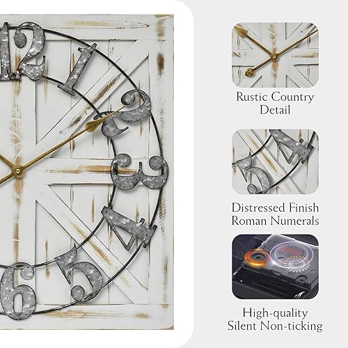 Miniatura 5 de Reloj de pared grande de granja, reloj cuadrado de madera rústica de 24 pulgadas con letrero decorativo de madera reversible, perfecto para